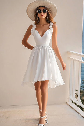 White Chiffon V Neck A Line Short Graduation Dress with Ruffles